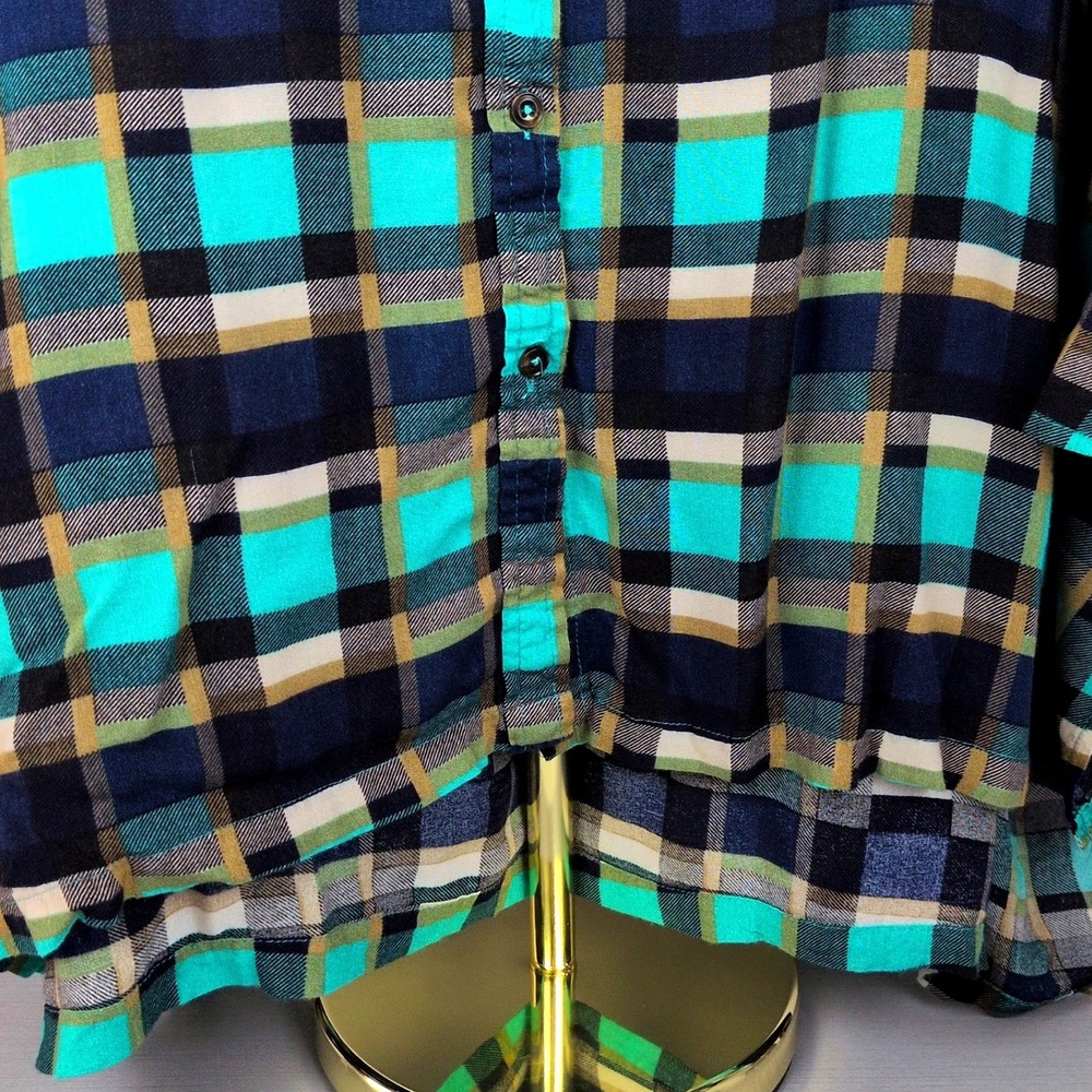 Umgee Women 1XL Tunic Shirt Teal Navy Plaid Oversized Patch High Low WA9865 - Picture 6 of 12